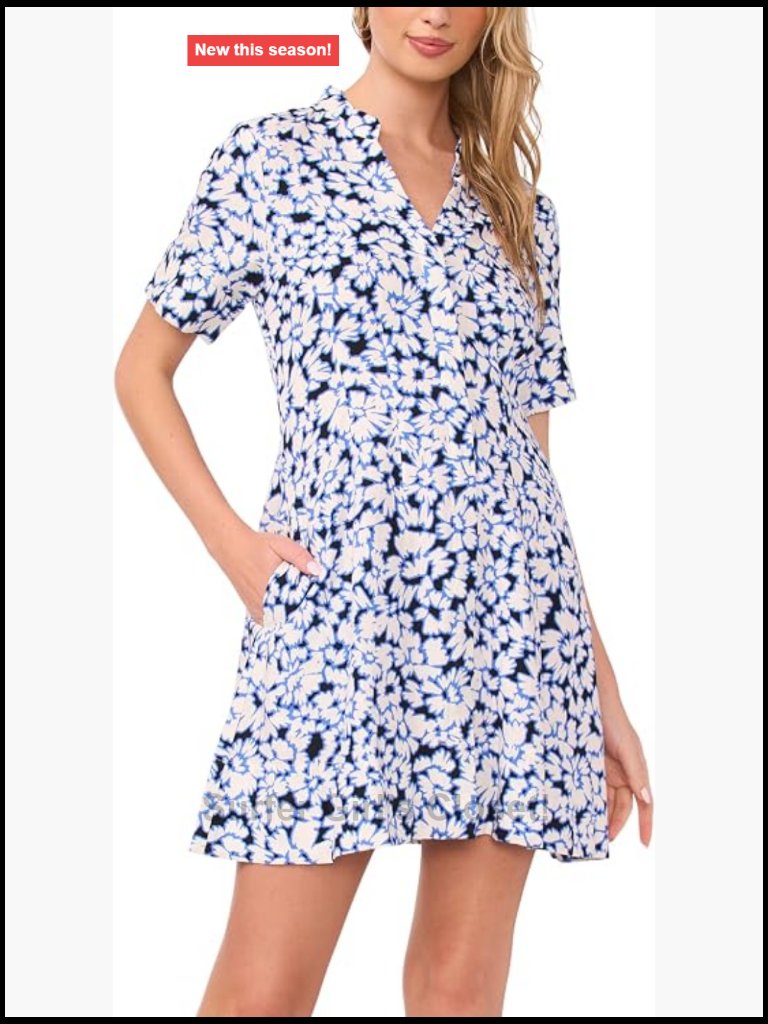 Vince Camuto Polka Dot Fit & Flare Shirt Dress 3/4 Sleeve Elastic Back